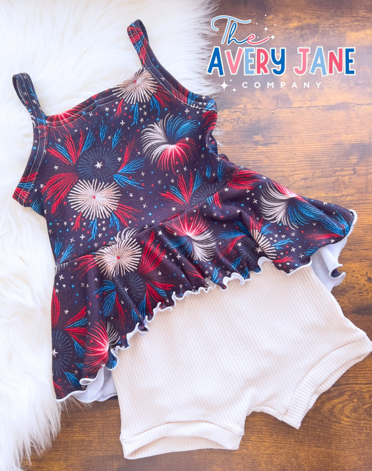 RWB Fireworks - High/Low Peplum Tank & Shorties