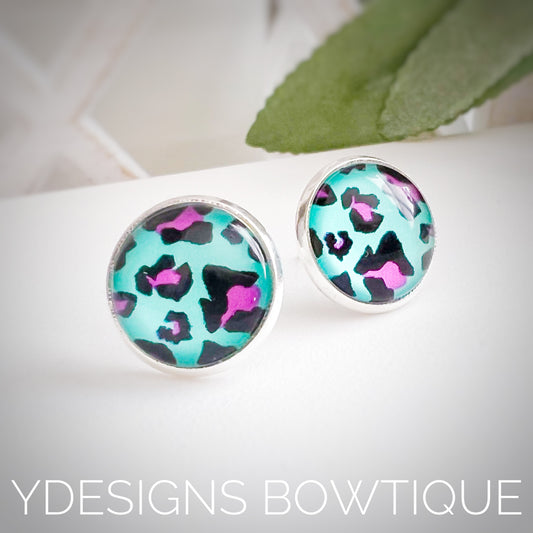 Blue Cheetah Cabochon Earrings