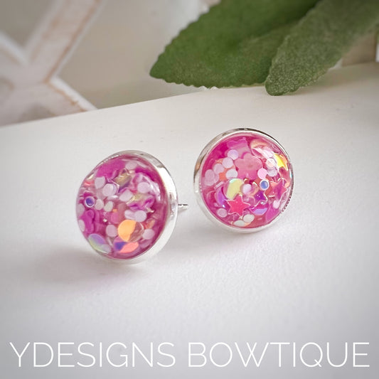 Pink Star Confetti Cabochon Earrings